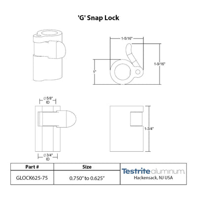 G Lock Spec sheet 5/8" to 3/4", telescopic tubing clamp 0.625" to 0.75"