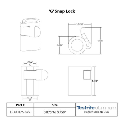 G Lock Spec sheet 3/4" to 7/8", telescopic tubing clamp 0.75" to 0.875"