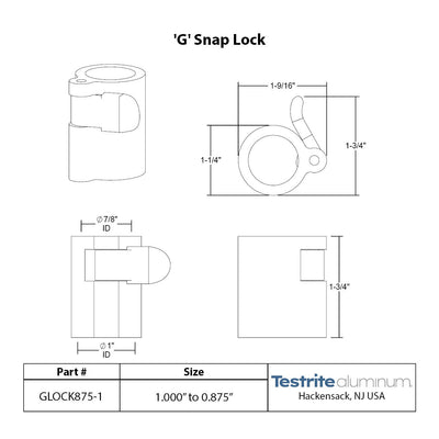 G Lock Spec sheet 7/8" to 1", telescopic tubing clamp 0.875" to 1" 1in
