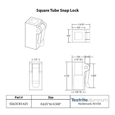 Specification sheet for Square telescopic tubing lock 1/2" to 5/8" square 0.5" to 0.625" square telescopic tubing lock plastic