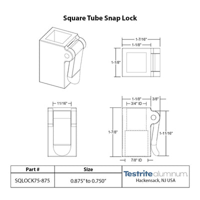 Specification Sheet for Square telescopic tubing lock 3/4" to 7/8" square 0.75" to 0.875" square telescopic tubing lock plastic