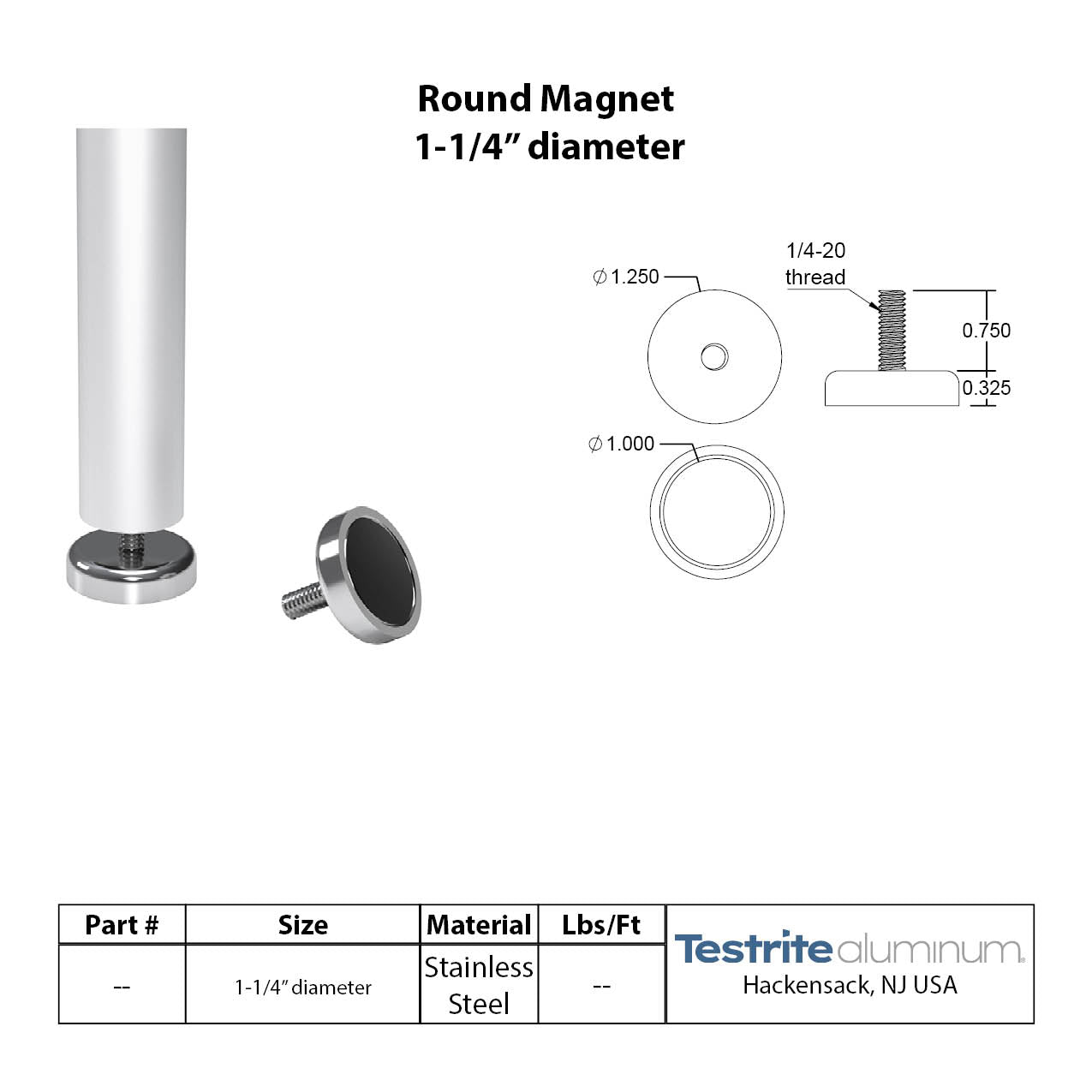Round Neodymium Magnet 75 lbs pull force rated 1-1/4" diameter with male 1/4-20 thread 3/4" long