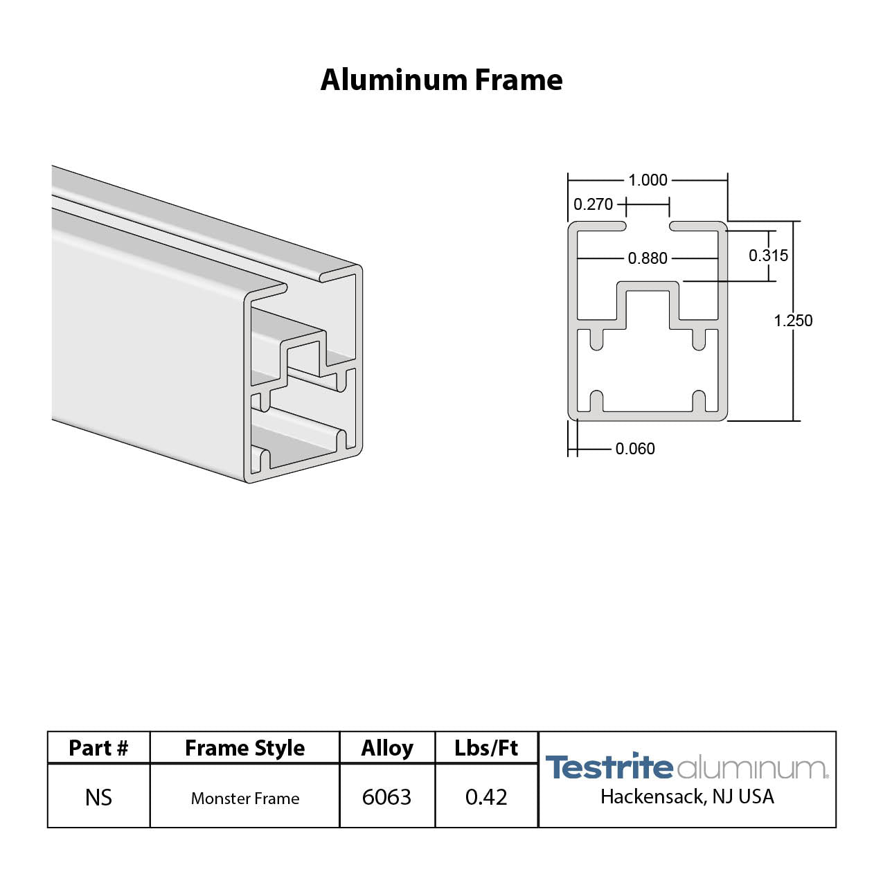 Monster Frame spec card, drop in frame extrusion cut to length, slide in frame for 1/4" graphics and 6mm thick graphic frame