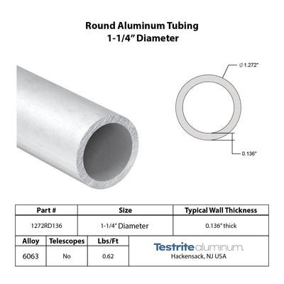 Spec sheet for approximately 1.25" x .125" Aluminum Round Tube, actual size 1.272" Diameter x .136" Wall, nearly a 1-1/4" x 1/8" Wall round aluminum tube, spec card includes lbs per ft