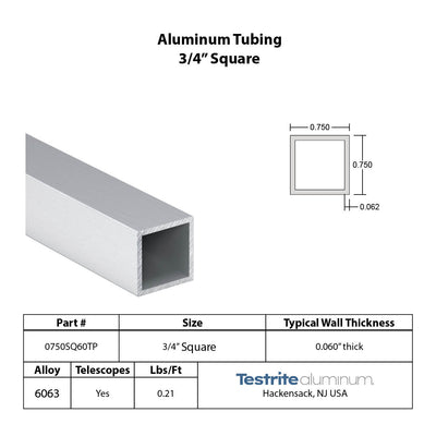 3/4" Square aluminum tube .060" Wall, 0.75" x .060" Square aluminum tube hollow extrusion