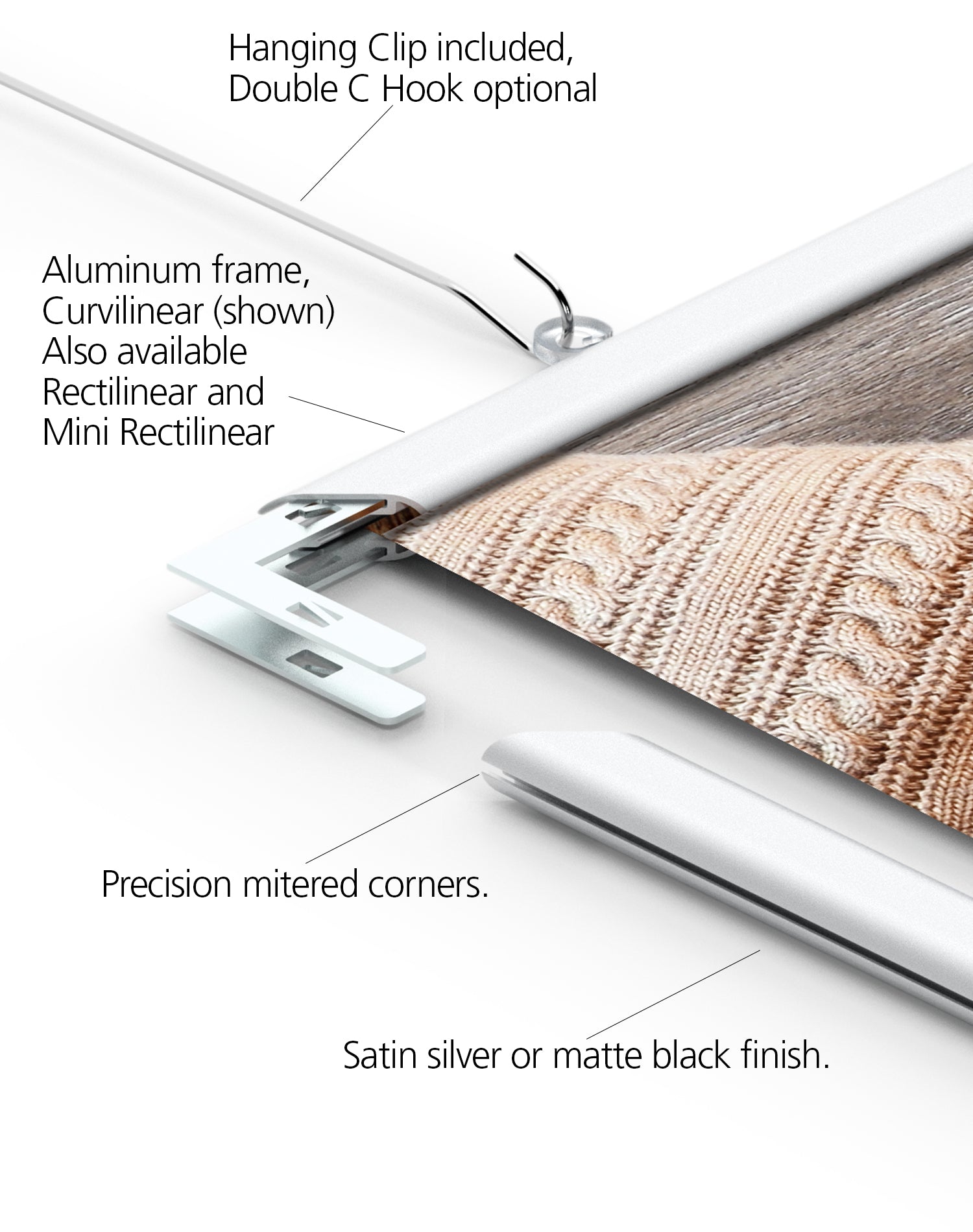 Anatomy of a Perfex Curvilinear frame, double C hook, UCC clips, and corner bracket sold separately, mitering not included