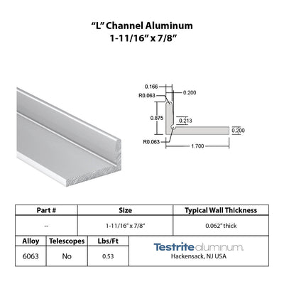 7/8" x 1-11/16" Aluminum L extrusion Aluminum corner bracket extrusion corner key 0.2" thick over 3/16" thick under 1/4" thick aluminum L extrusion