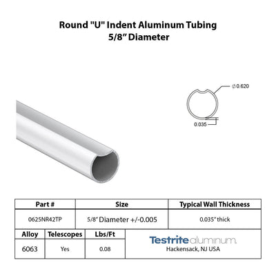 Specification sheet for 5/8" OD round U indent aluminum tube index key aluminum tubing .625 in diameter spec sheet thin wall 0625NR42TP