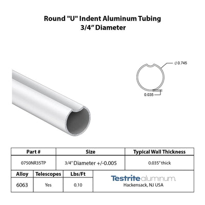 Specification sheet for 3/4" OD round U indent aluminum tube index key aluminum tubing .75 in diameter spec sheet thin wall 0750NR35TP