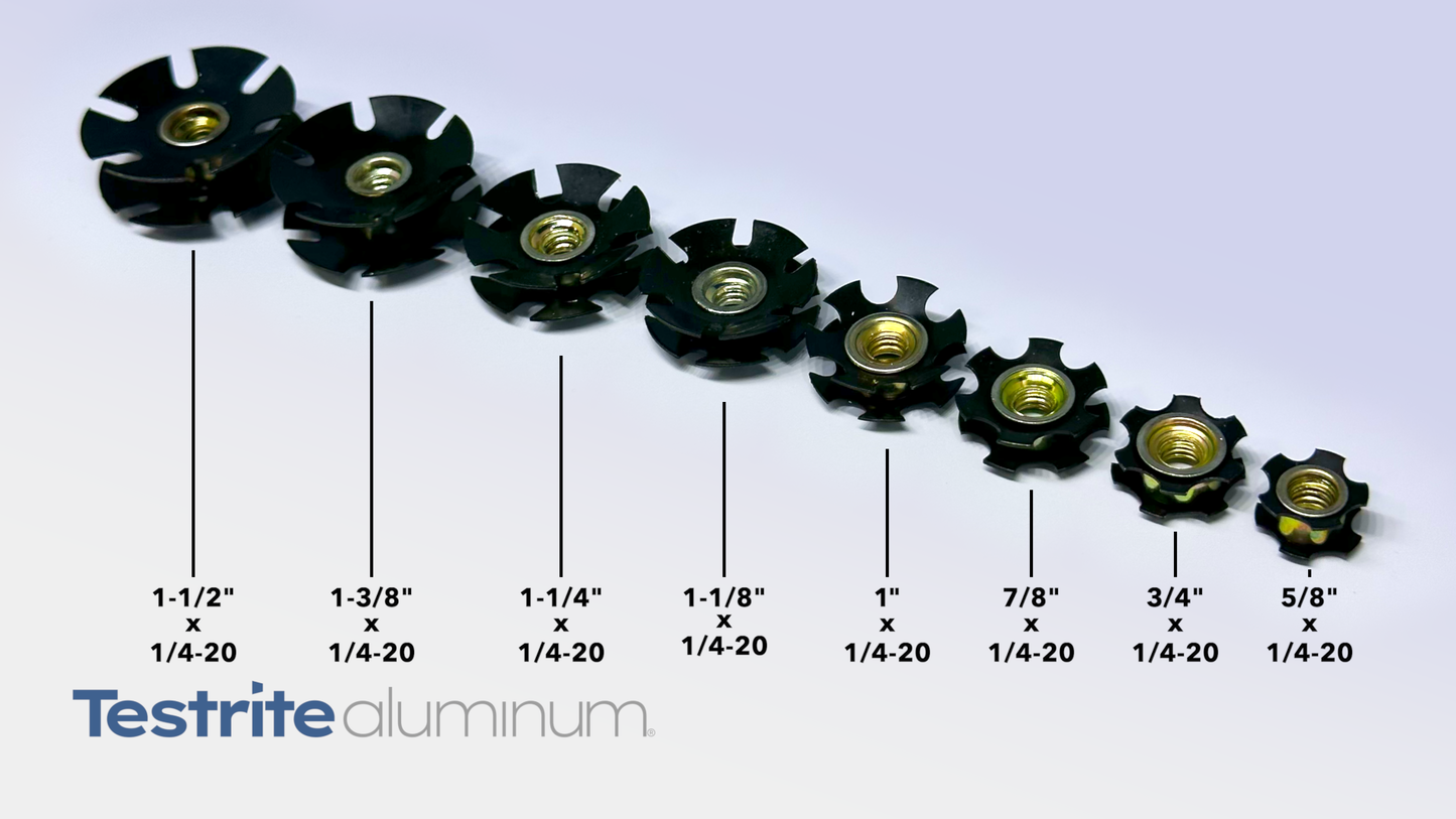 Threaded insert for 1-1/2" x 1/4-20, 1-3/8" x 1/4-20, 1-1/4" x 1/4-20, 1-1/8" x 1/4-20, 1" x 1/4-20, 7/8" 1/4-20, 3/4" 1/4-20, 5/8" 1/4-20 press fit star insert
