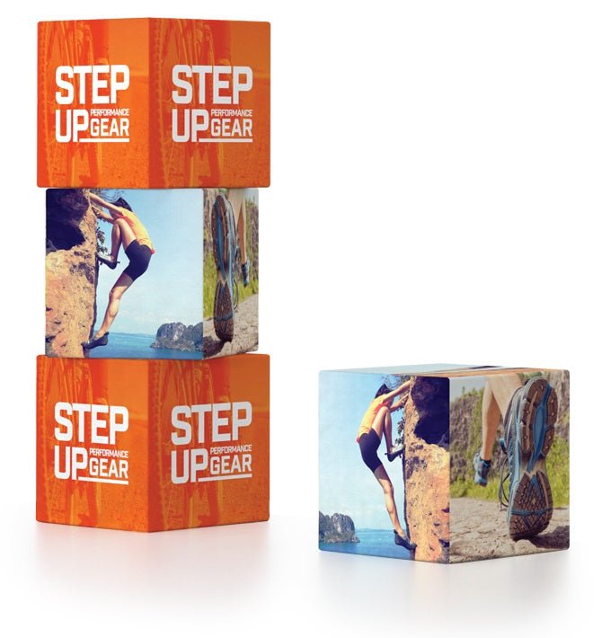 Aluminum tubing cubes shown draped in pillowcase dye sublimated fabric graphics stacking cube