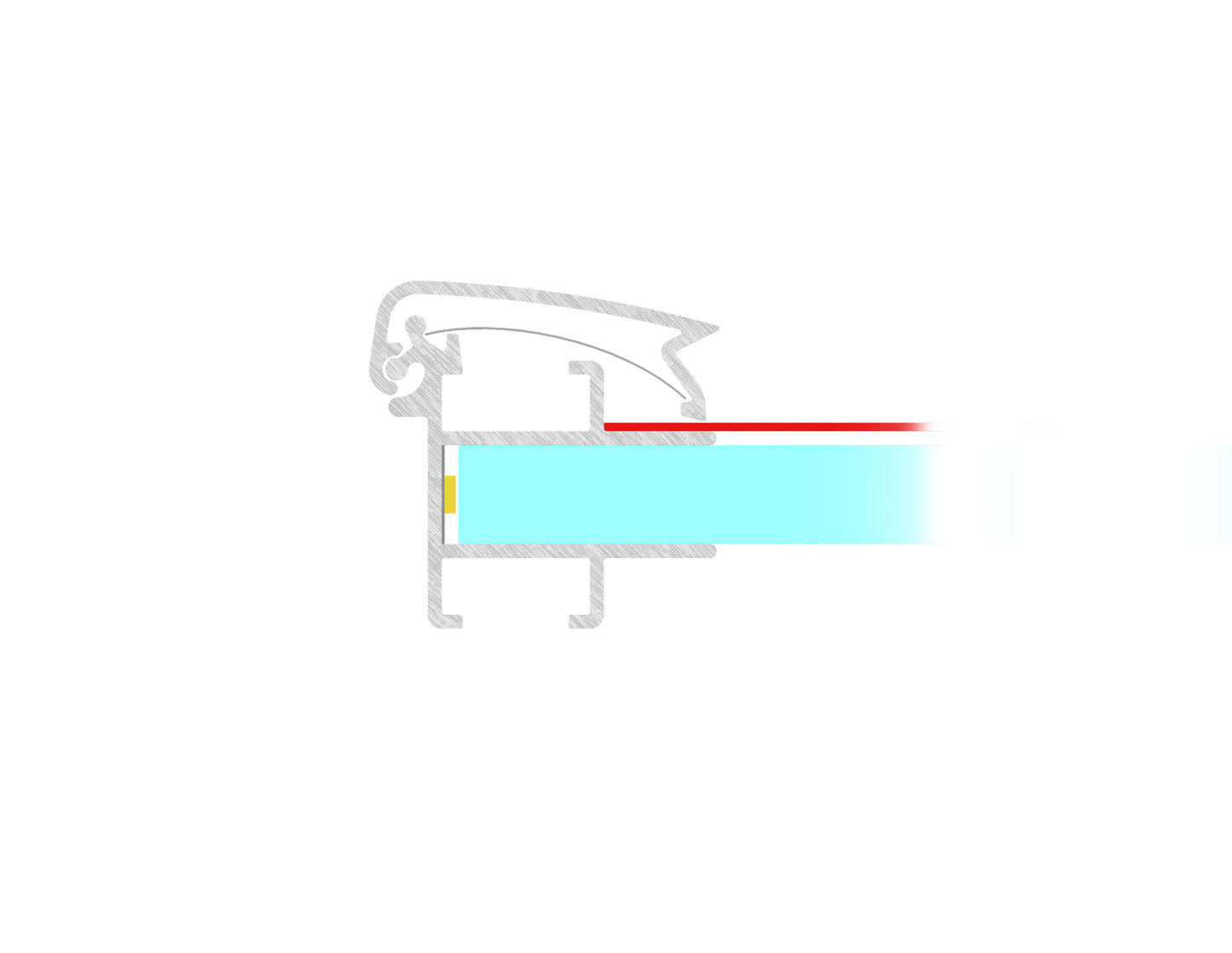 Illustration showing how the Snap Frame bottom can be used, with LEDs, Light Guide Panel (LGP), springs, and graphics. Corners go in top and bottom extrusion