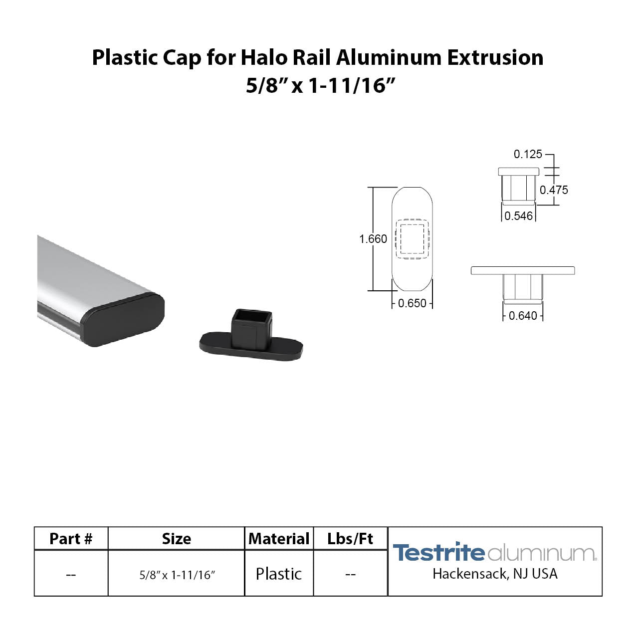 Plastic End Cap for Halo Rail, 1-5/8" x 5/8", black plastic