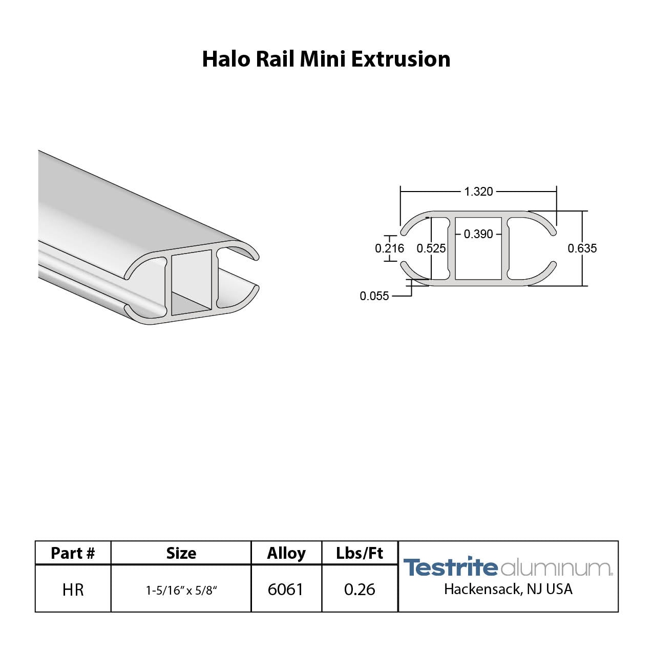 Halo Rail Mini Extrusion Spec Card Aluminum Awning Rail Mini Aluminum Oval Extrusion