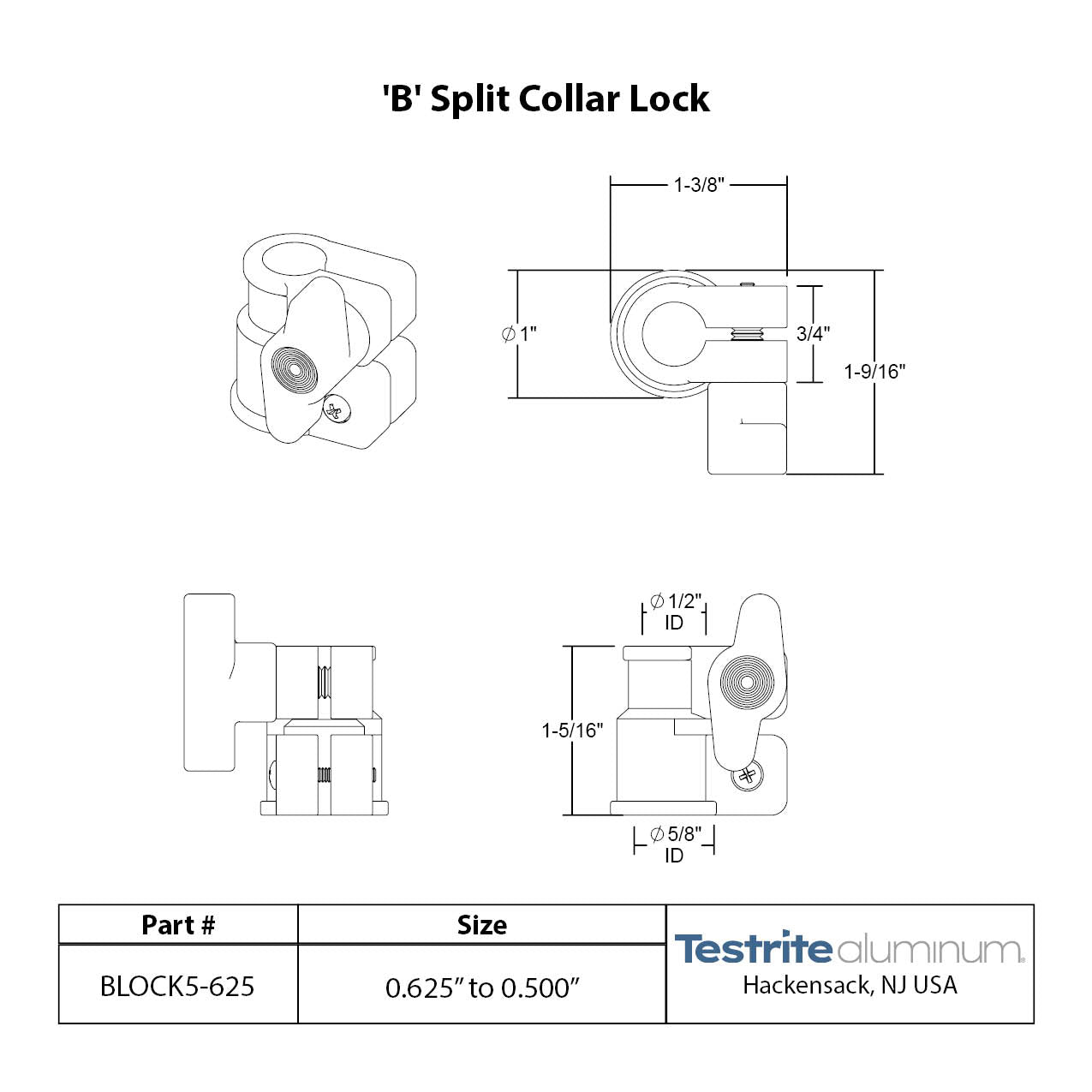 B Split Collar Lock 1/2" to 5/8", 0.5" to 0.625" Telescopic tubing clamp