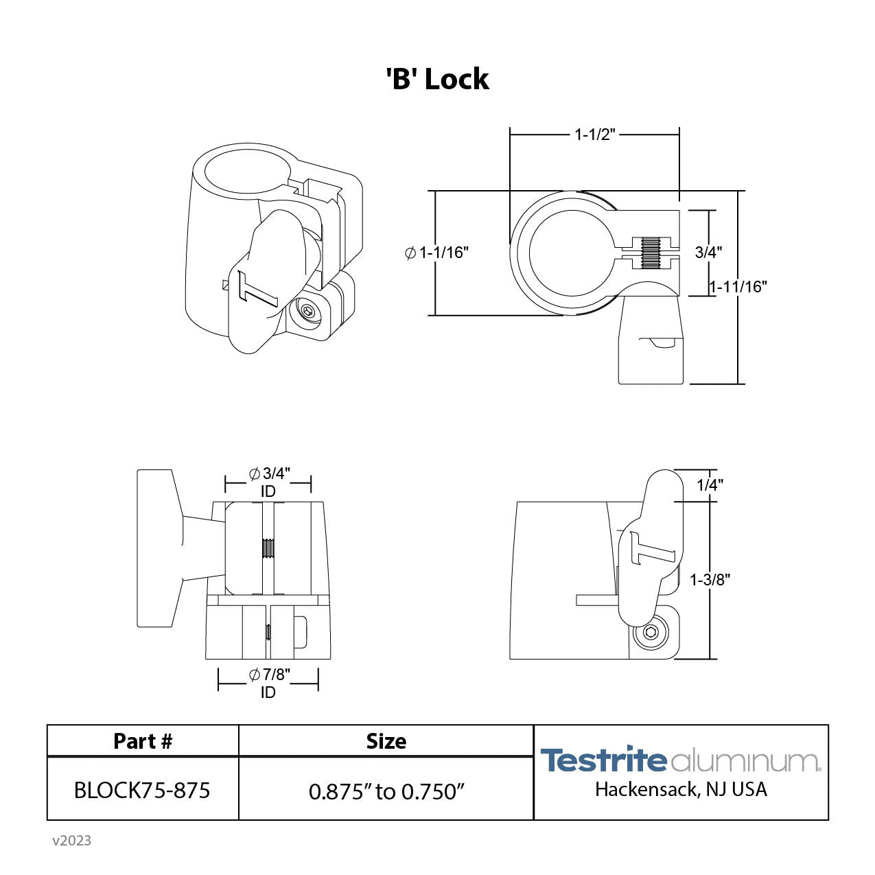 Spec Card B Split Collar Lock 3/4" to 7/8", 0.75" to 0.875" Telescopic tubing clamp