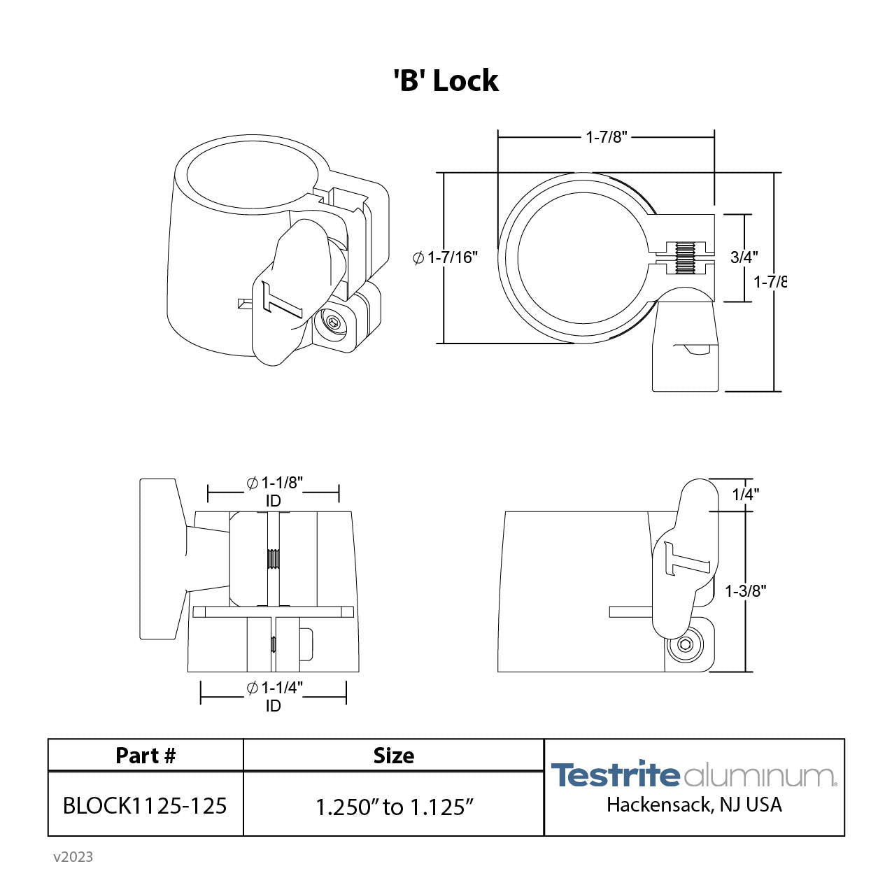 Spec Card B Split Collar Lock 1-1/8" to 1-1/4", 1.125" to 1.25" Telescopic tubing clamp