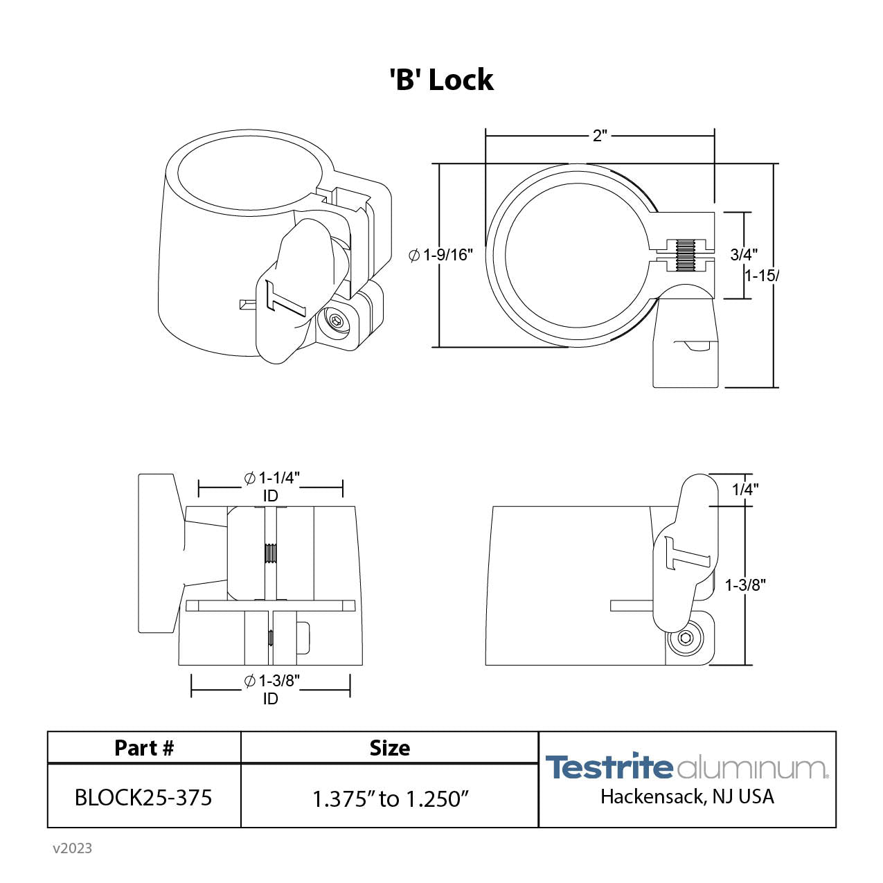 Spec Card B Split Collar Lock 1-1/4" to 1-3/8", 1.25" to 1.375" Telescopic tubing clamp