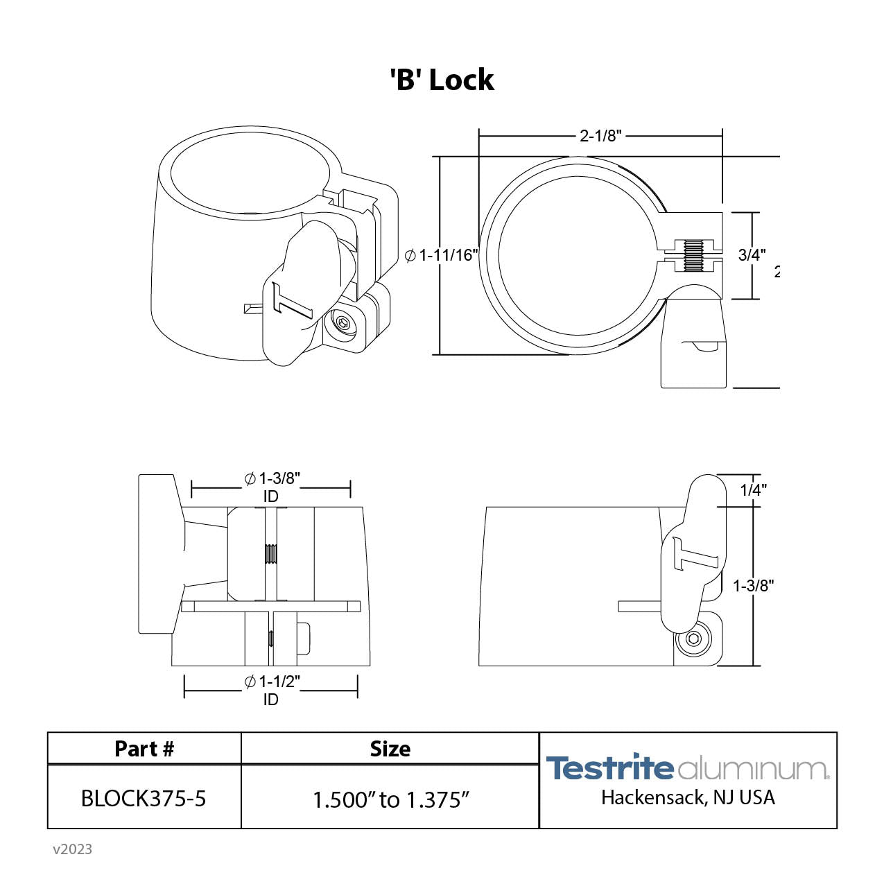 Spec Card B Split Collar Lock 1-1/2" to 1-3/8", 1.5" to 1.375" Telescopic tubing clamp