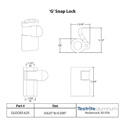 G Lock Spec sheet 1/2" to 5/8", telescopic tubing clamp 0.5" to 0.625"