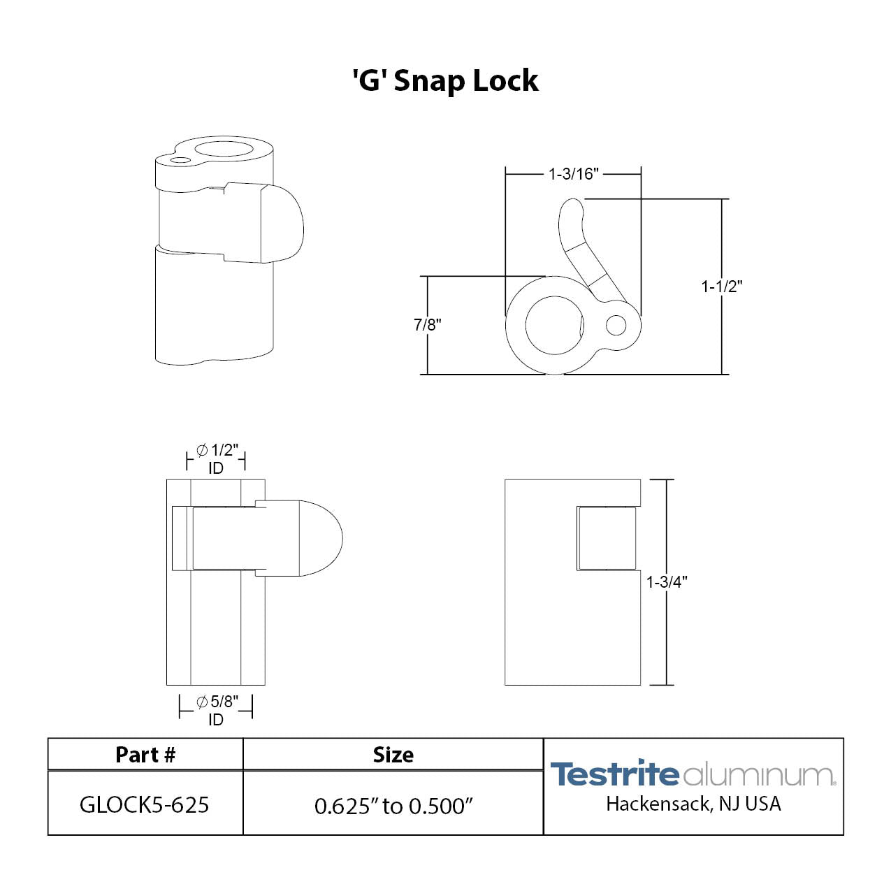 G Lock Spec sheet 1/2" to 5/8", telescopic tubing clamp 0.5" to 0.625"