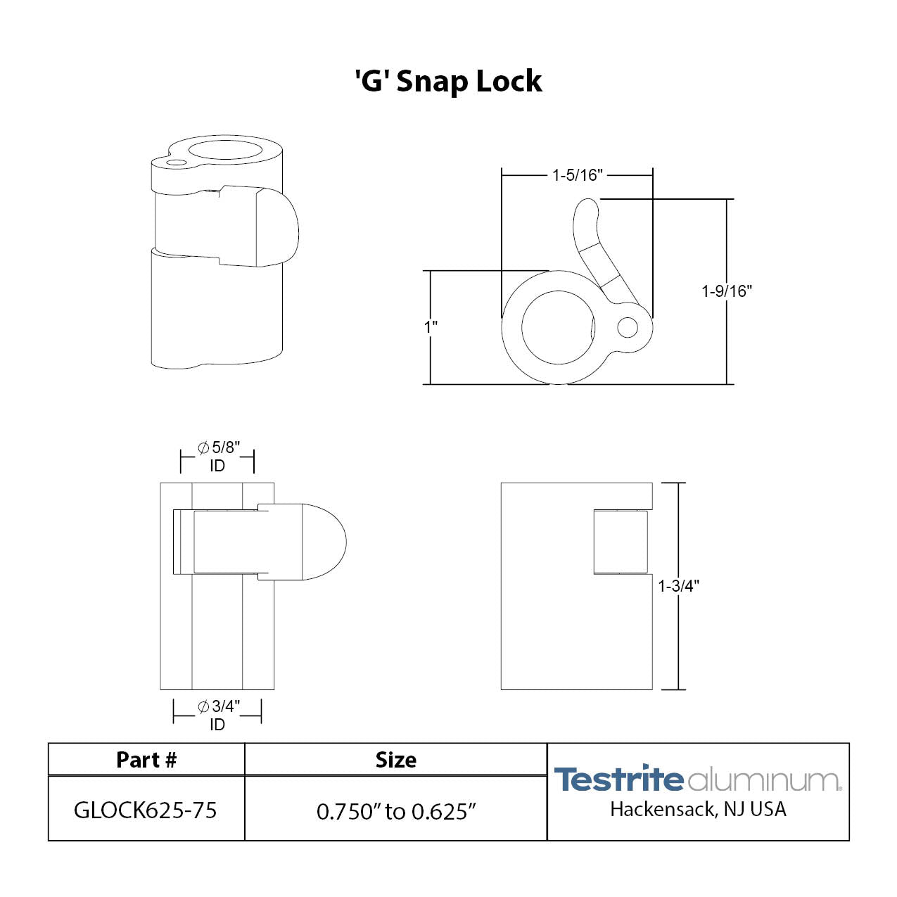 G Lock Spec sheet 5/8" to 3/4", telescopic tubing clamp 0.625" to 0.75"