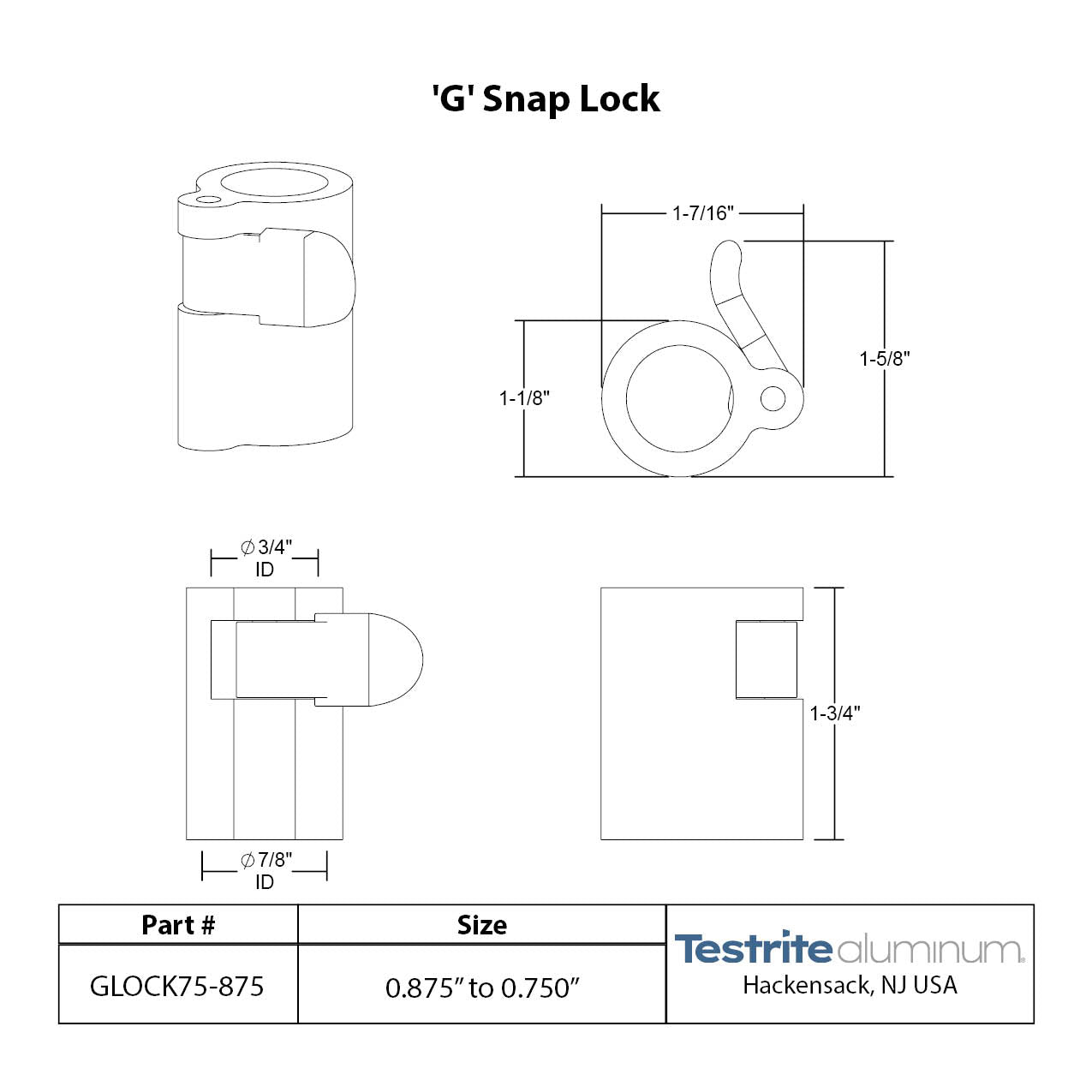 G Lock Spec sheet 3/4" to 7/8", telescopic tubing clamp 0.75" to 0.875"