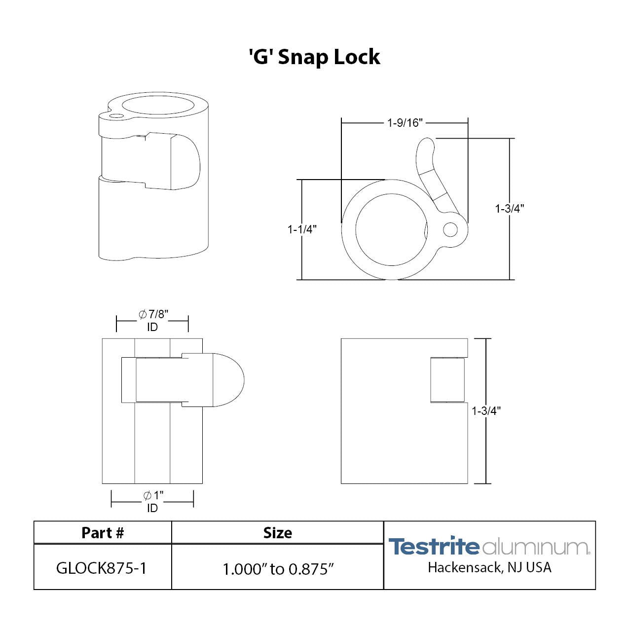 G Lock Spec sheet 7/8" to 1", telescopic tubing clamp 0.875" to 1" 1in