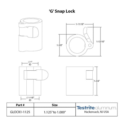 G Lock Spec sheet 1" to 1-1/8", telescopic tubing clamp 1" to 1.125"
