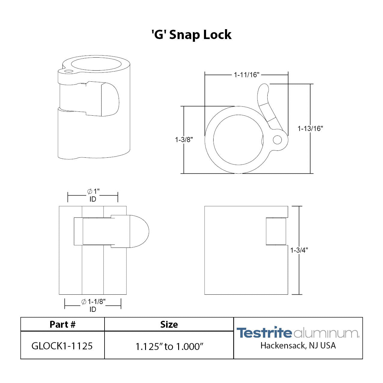 G Lock Spec sheet 1" to 1-1/8", telescopic tubing clamp 1" to 1.125"