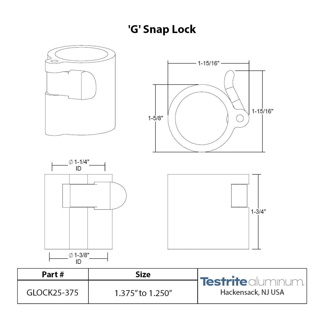 G Lock Spec sheet 1-1/4" to 1-3/8", telescopic tubing clamp 1.25" to 1.375"