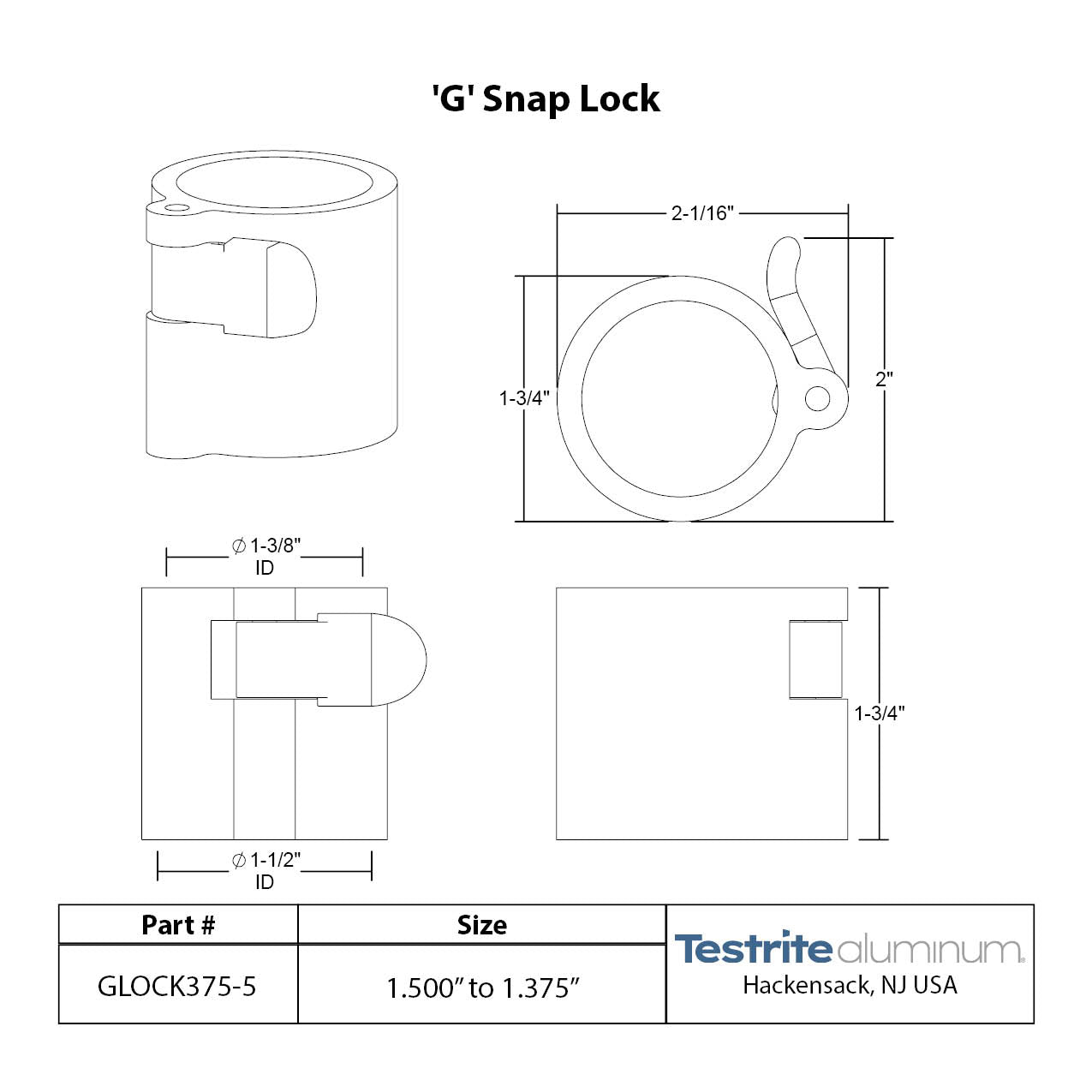 G Lock Spec sheet 1-3/8" to 1-1/2", telescopic tubing clamp 1.375" to 1.5"