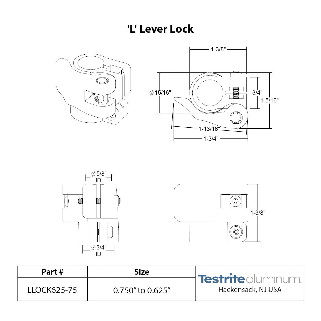 Specification sheet for LLOCK0625-0750, Telescopic Tubing Lock for 5/8" to 3/4"