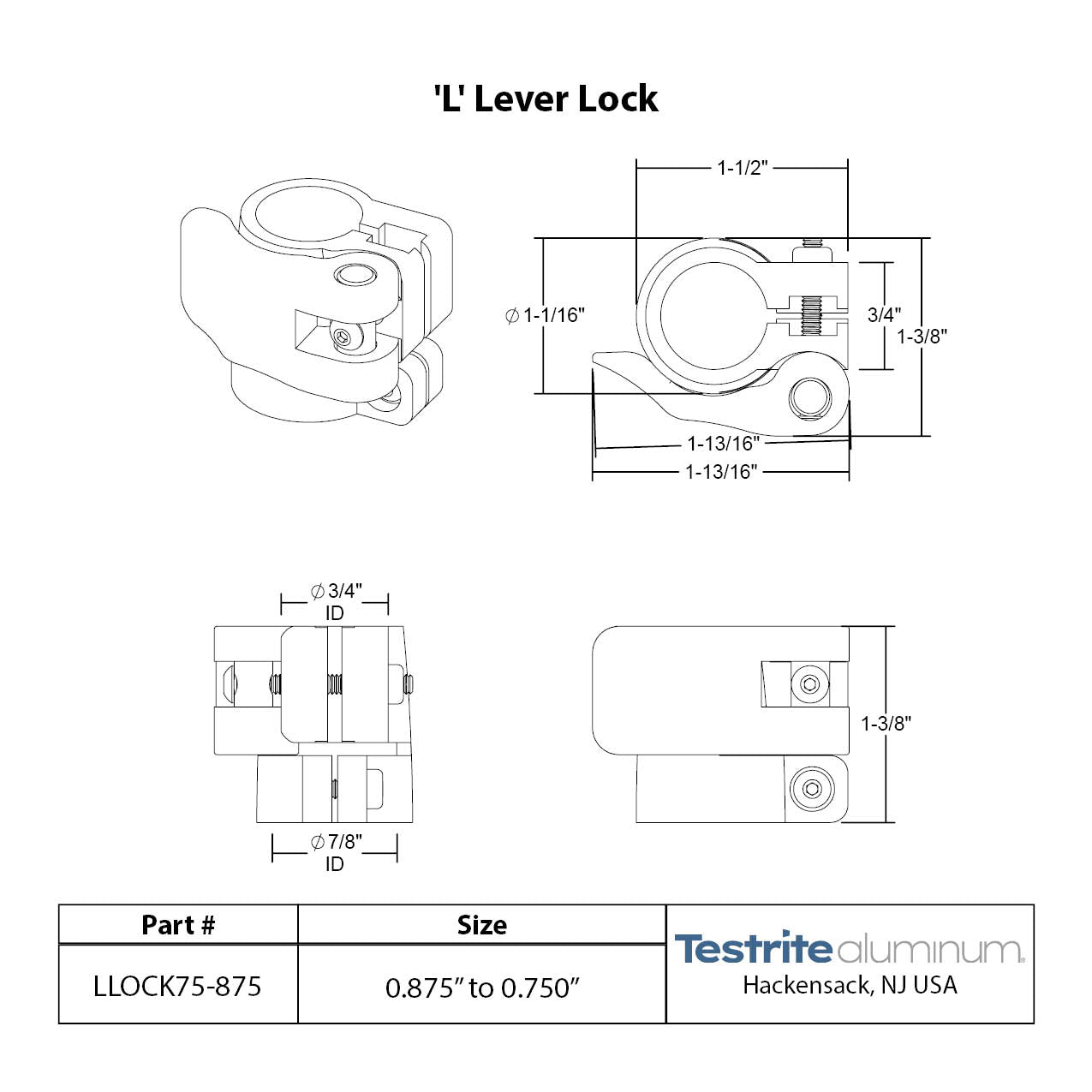 Specification sheet for LLOCK0750-0875, Telescopic Tubing Lock for 3/4" to 7/8"