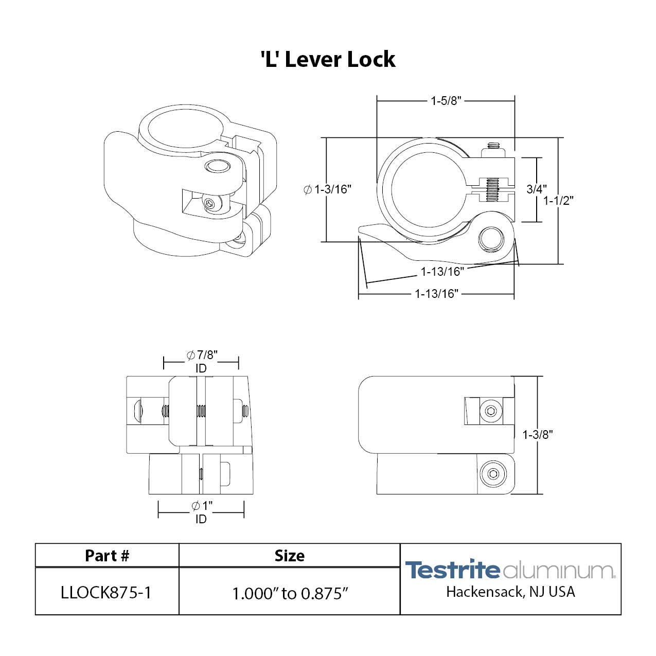 Specification sheet for LLOCK0875-1000, Telescopic Tubing Lock for 7/8" to 1"