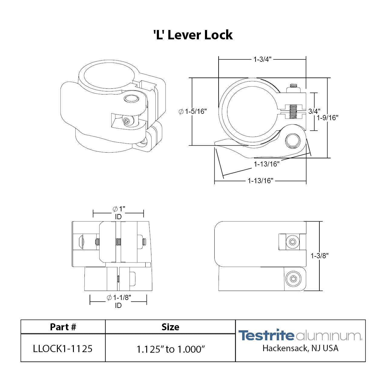 Specification sheet for LLOCK1000-1125, Telescopic Tubing Lock for 1" to 1-1/8"