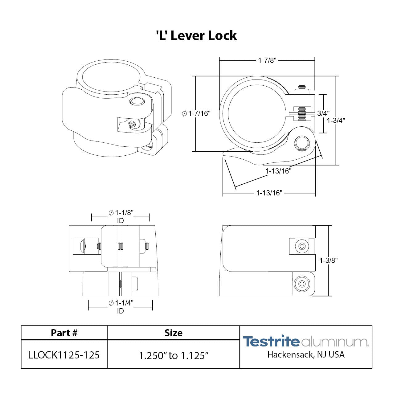 Specification sheet for LLOCK1125-1250, Telescopic Tubing Lock for 1-1/8" to 1-1/4"