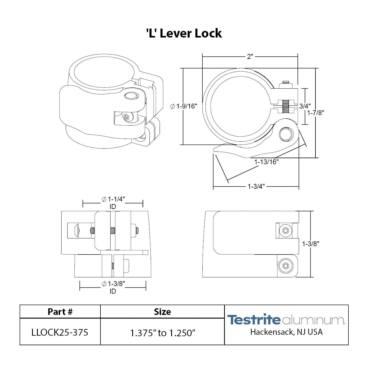Specification sheet for LLOCK1250-1375, Telescopic Tubing Lock for 1-1/4" to 1-3/8"
