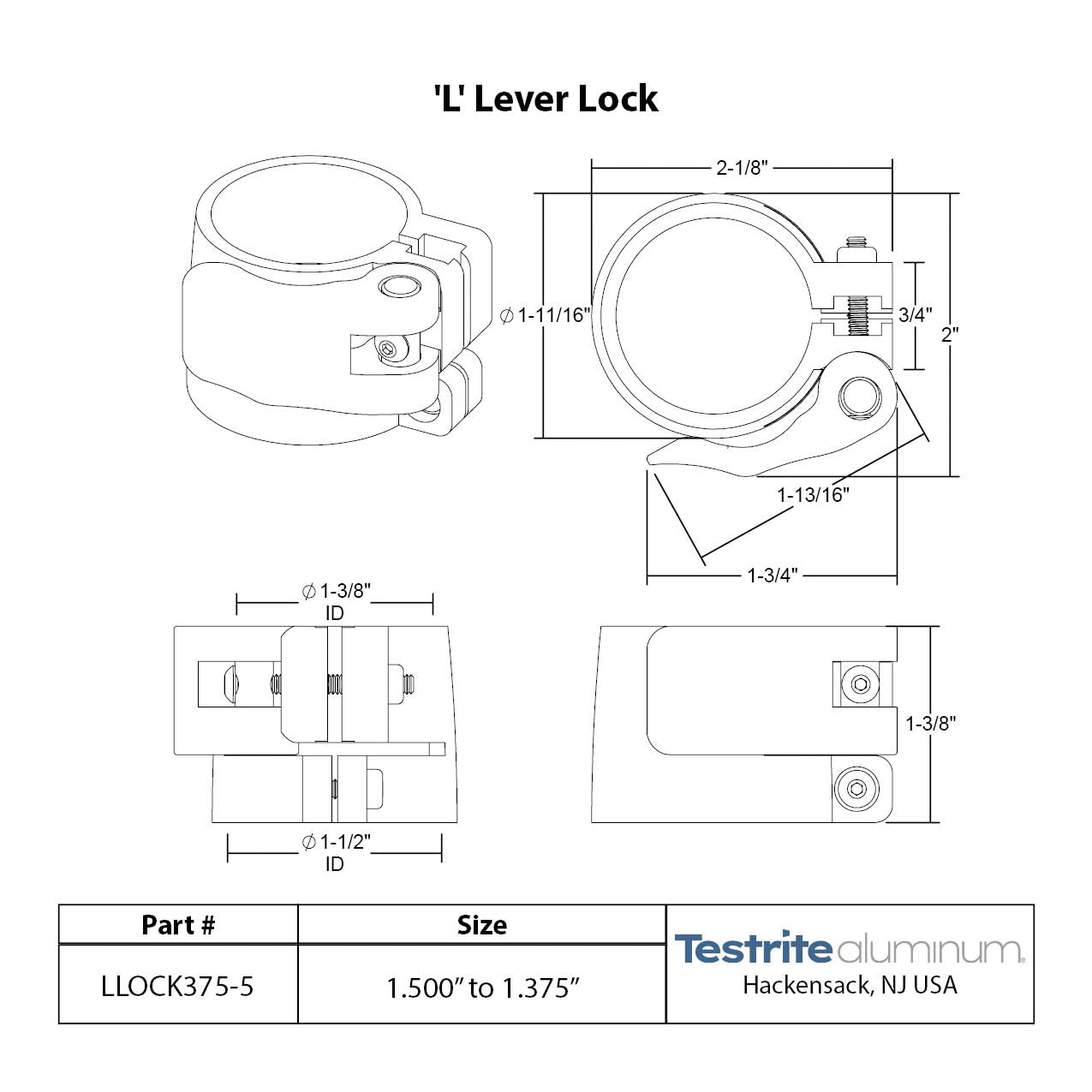 Specification sheet for LLOCK1375-1500, Telescopic Tubing Lock for 1-3/8" to 1-1/2"