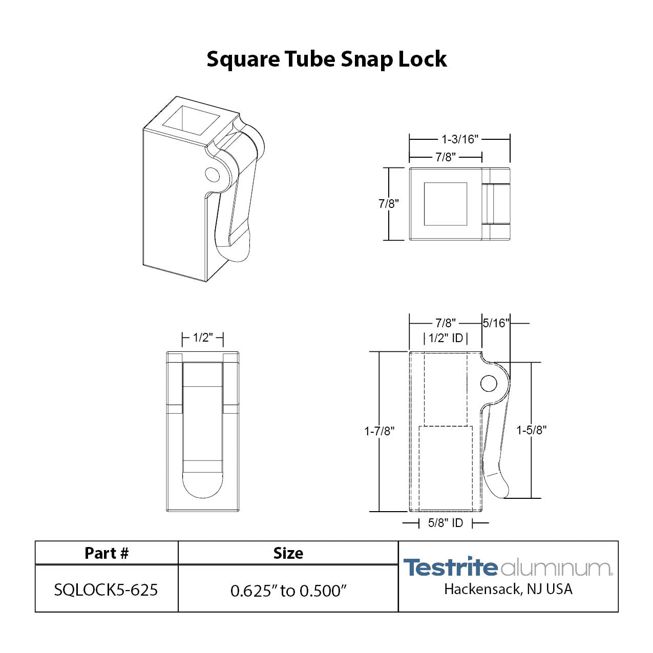Specification sheet for Square telescopic tubing lock 1/2" to 5/8" square 0.5" to 0.625" square telescopic tubing lock plastic 