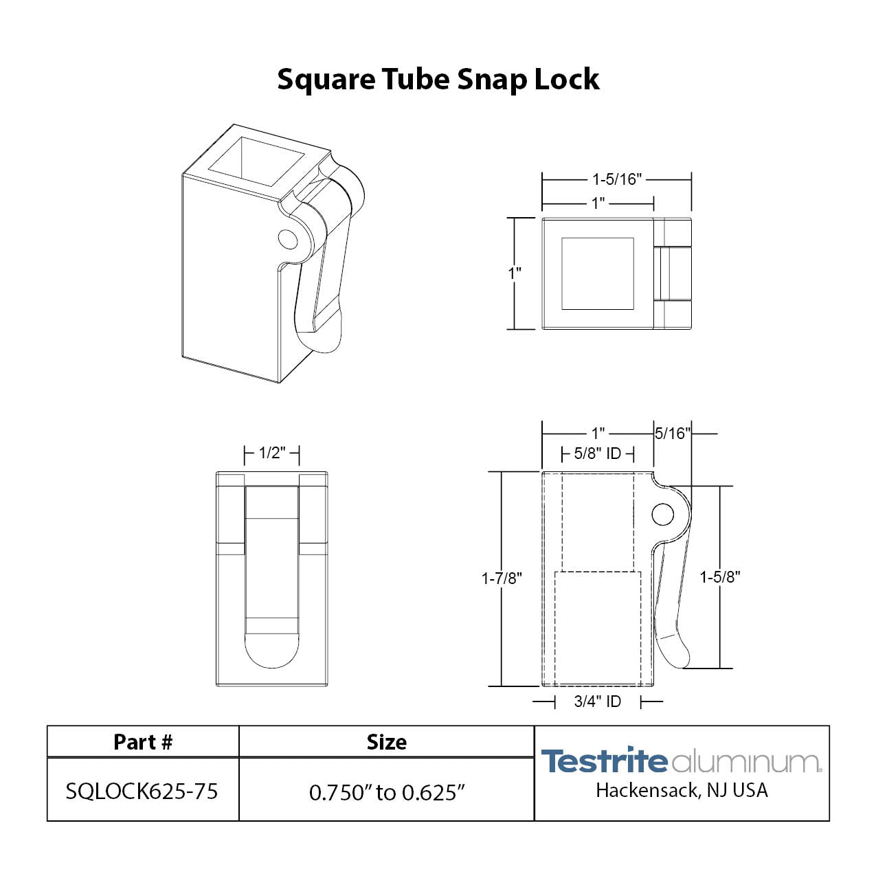 Specification sheet for Square telescopic tubing lock 5/8" to 3/4" square 0.625" to 0.75" square telescopic tubing lock plastic 