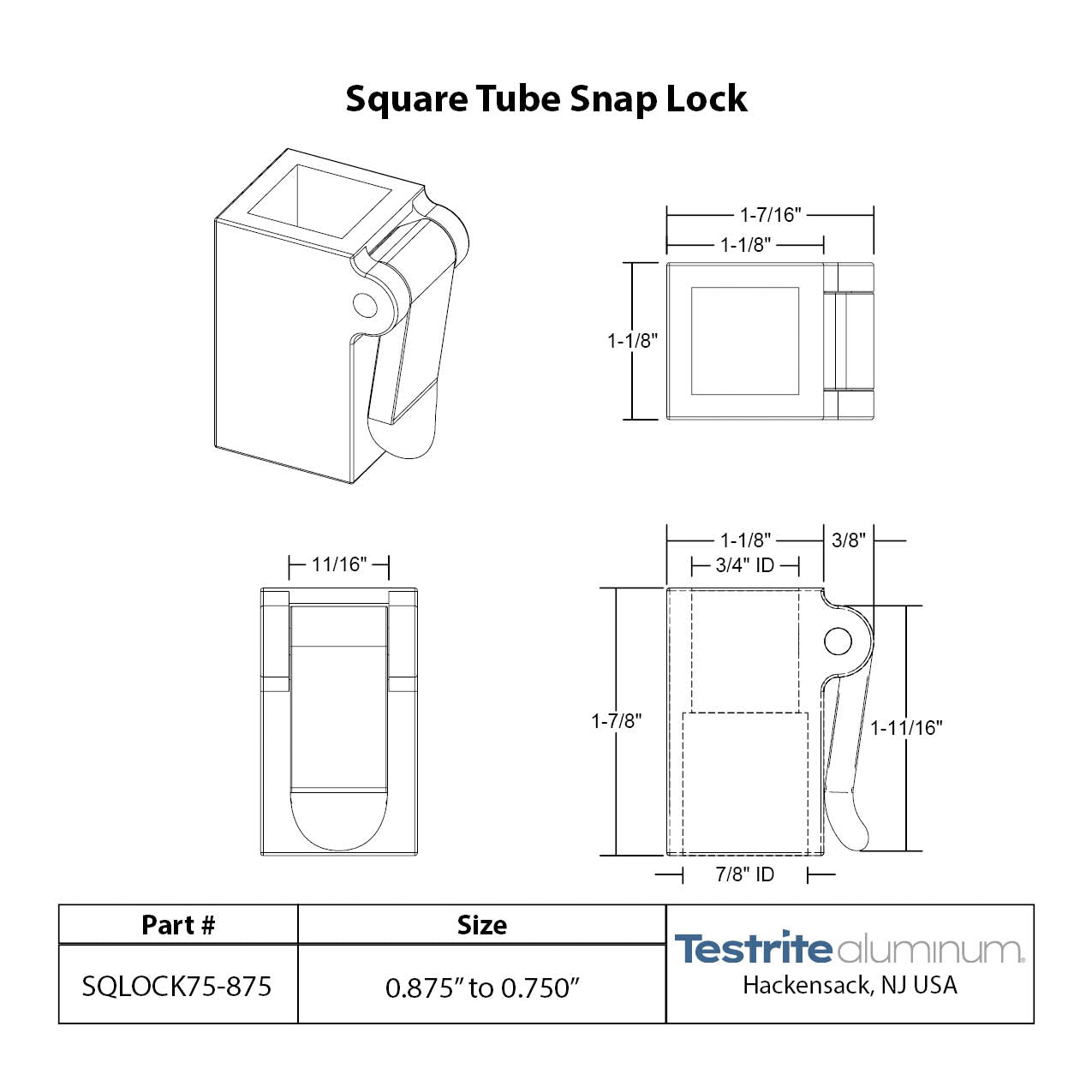 Specification Sheet for Square telescopic tubing lock 3/4" to 7/8" square 0.75" to 0.875" square telescopic tubing lock plastic 