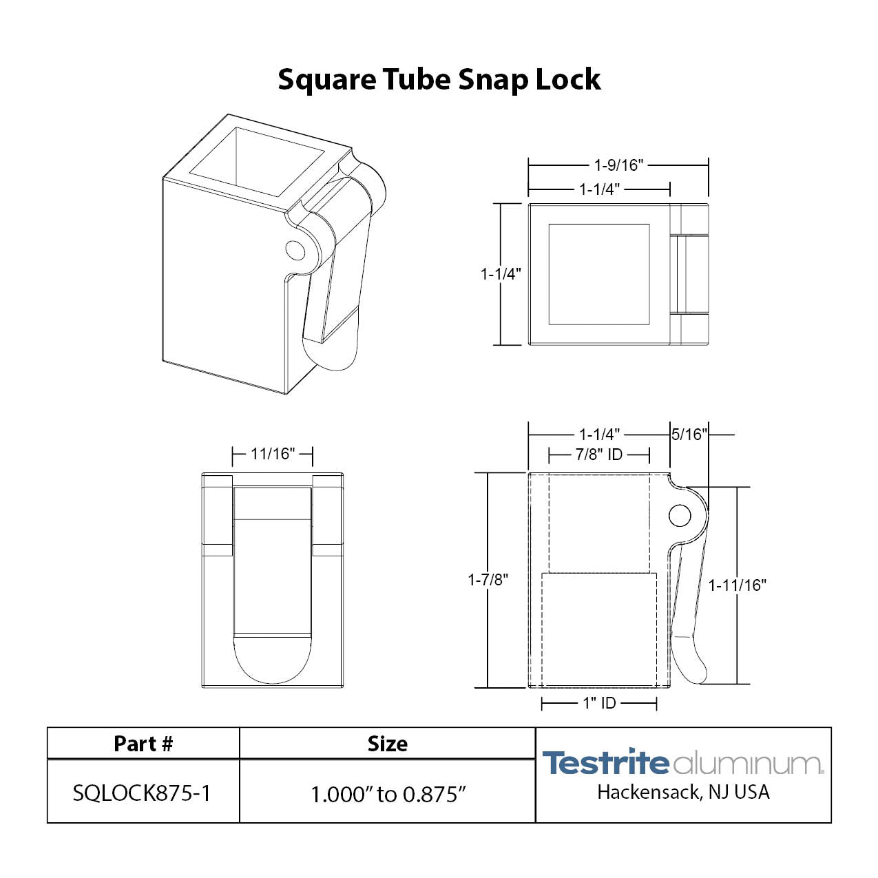 Specification Sheet for Square telescopic tubing lock 7/8" to 1" square 0.875" to 1" square telescopic tubing lock plastic 