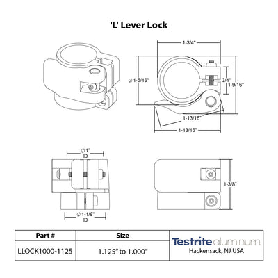 Specification sheet for LLOCK1000-1125, Telescopic Tubing Lock for 1" to 1-1/8" Round Tubing Extension Clamp