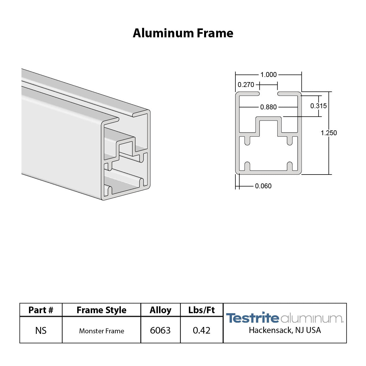 Monster Frame spec card, drop in frame extrusion cut to length, slide in frame for 1/4" graphics and 6mm thick graphic frame 