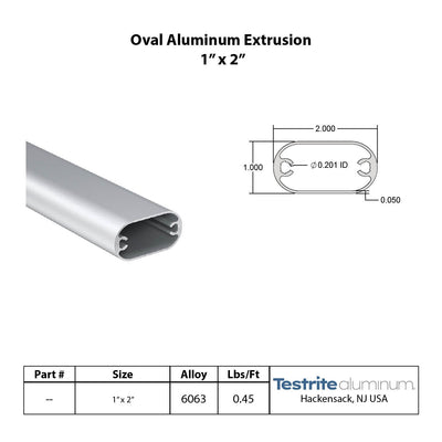 1" x 2" Oval Aluminum Extrusion, .050" wall, oval aluminum tubing available cut to size