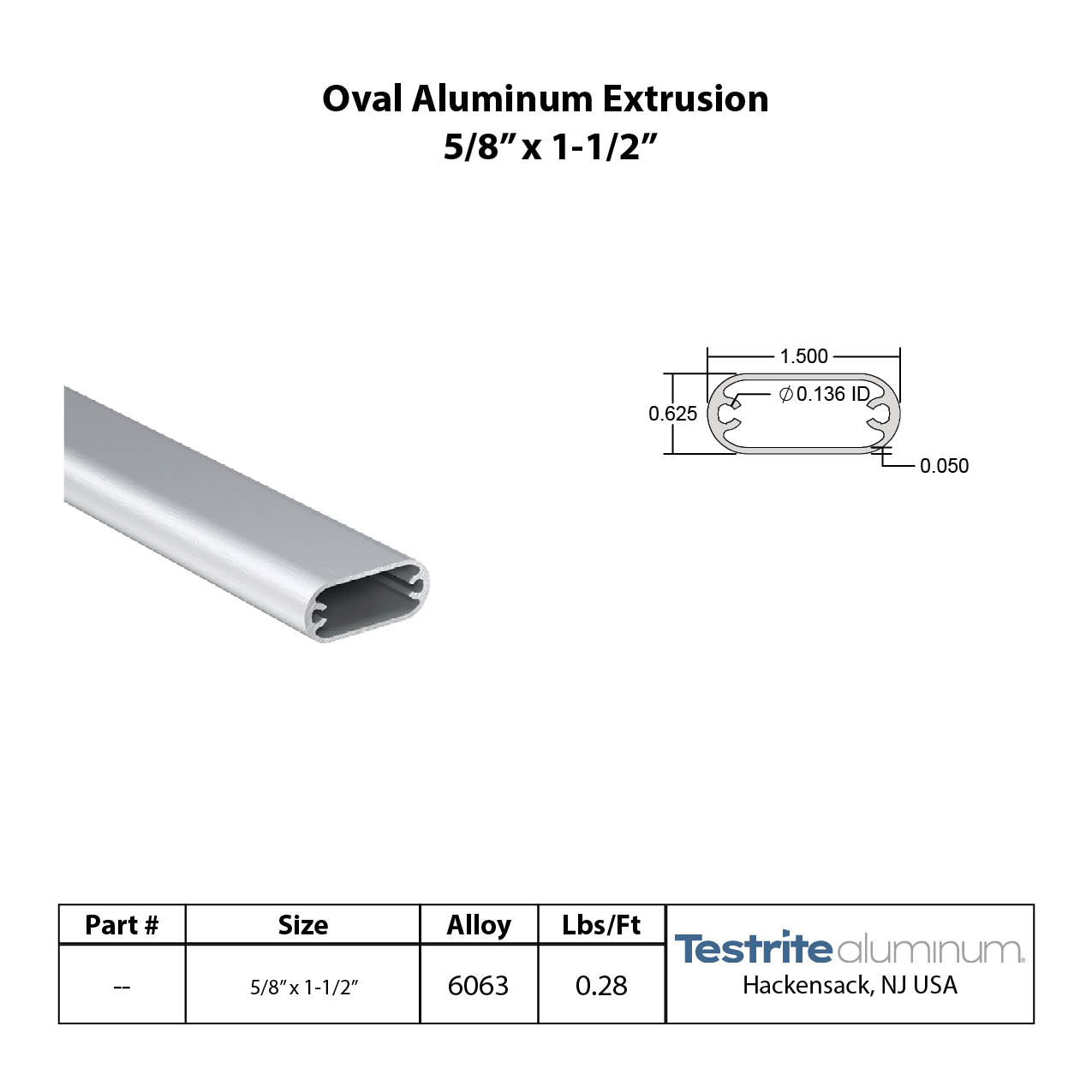 1-1/2" Oval aluminum tubing, 1.5" x .625" aluminum oval, 1-1/2" oval aluminum extrusion cut to size