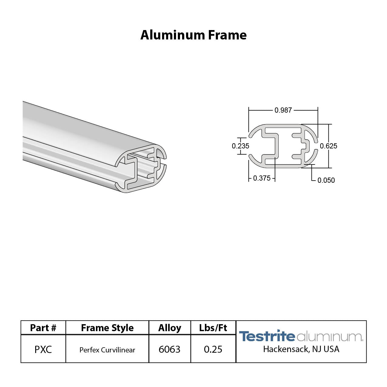 Perfex Curvilinear Spec Sheet Drop in Frame Aluminum Extrusion Cut to length for 1/8" and 3/16" graphics 3mm thick graphic frame