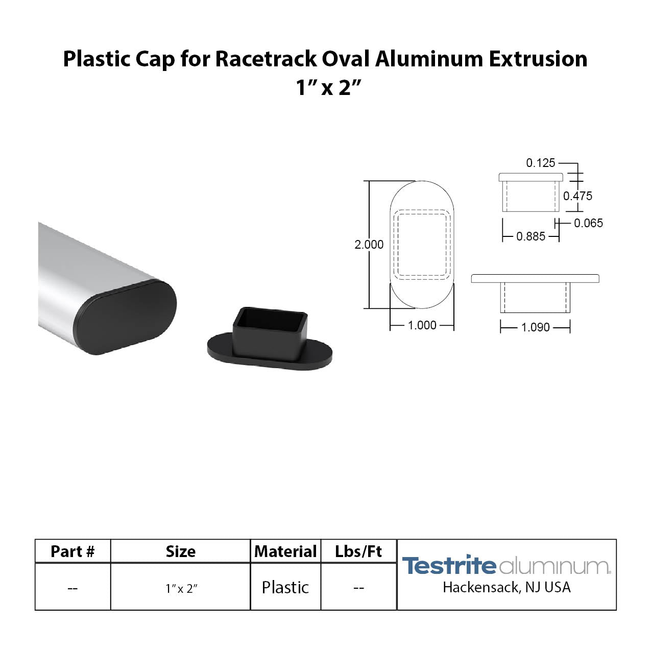 Plastic End cap for Racetrack Oval extrusion 1" x 2"