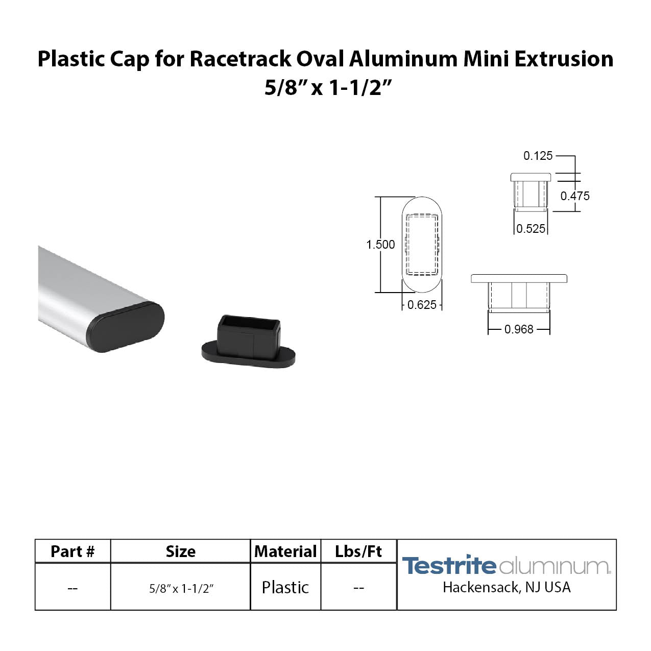 Plastic End Cap for Racetrack Oval Mini, 5/8" x 1-1/2" Black Plastic